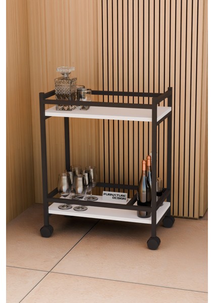 Servis Sunum Arabası Beyaz Ev Tipi Iki Katlı Şişe Bölmeli Servant Bar Cart