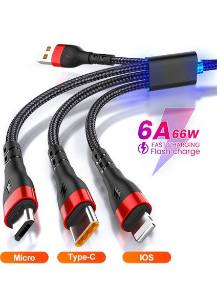 6A 3in1 USB Kablosu Hızlı Şarj Cihazı Şarj Kablosu iPhone 14 13 12 Pro Max Tip C Xiaomi 11 Huawei P40 Samsung S20 Şarj Aleti Kablosu (Yurt Dışından)