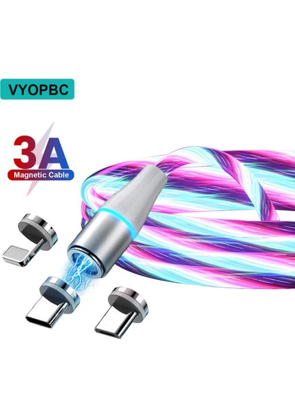 Vyopbc LED Manyetik Kablo 3A Hızlı Şarj Mikro USB C Tipi Kablo Manyetik Şarj Cihazı iPhone Xiaomi Poco Samsung Veri Kablosu Tel (Yurt Dışından)