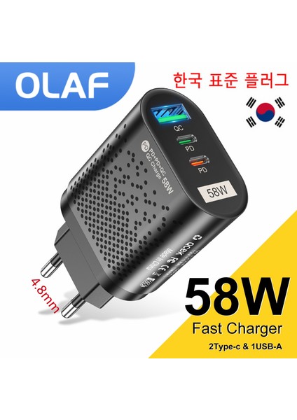 Olaf 58W Tip C USB Şarj Cihazı Hızlı Şarj Qc Pd 3.0 Cep Telefonu Şarj Adaptörü Ab Abd Ingiltere Kr Fiş iphone ipad Samsung Huawei Için (Yurt Dışından)