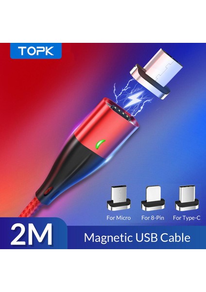 Topk AM61 2 M 3A Manyetik Kablo Hızlı Şarj C Tipi Kablo iPhone Şarj Cihazı Veri Şarjı Mikro USB Kablosu Hızlı Şarj Kablosu (Yurt Dışından)