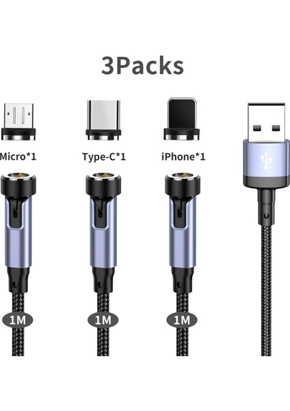 3 Paket Tarih Sync Manyetik Kablo 3A Hızlı Şarj 540 Döndür Mikro USB C Tipi Kablo iPhone Xiaomi Samsung Telefon Şarj Cihazı (Yurt Dışından)