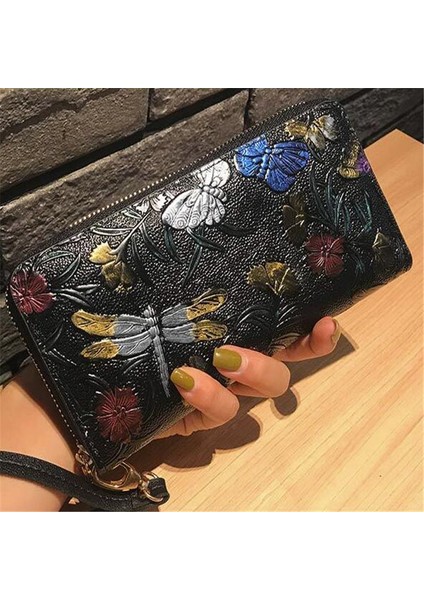 Kadın Uzun Cüzdan Retro Deri 3D Kabartma Gül Yusufçuk Kelebek Debriyaj Kadın Çantası Büyük Kapasiteli Fermuar Lüks Hangbags (Yurt Dışından)