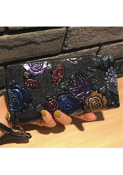 Kadın Uzun Cüzdan Retro Deri 3D Kabartma Gül Yusufçuk Kelebek Debriyaj Kadın Çantası Büyük Kapasiteli Fermuar Lüks Hangbags (Yurt Dışından)