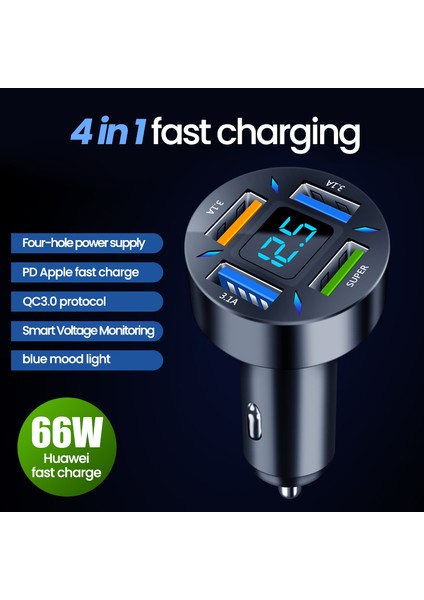 66W 4 Port USB C Araç Şarj Cihazı Hızlı Şarj Hızlı Şarj 3.0 Pd USB Tip C Araç Telefonu Şarj Cihazı iPhone 13 12 Xiaomi Samsung (Yurt Dışından) modelleri
