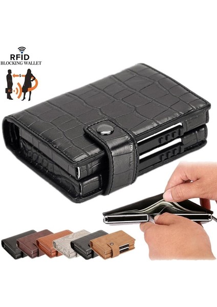Anti Çok Fonksiyonlu Erkekler Engelleme Cüzdan Mini Pu Deri Kartvizitlik Çanta Otomatik Dışarı Kaydırmalı Kart Durumda Akıllı Cüzdan (Yurt Dışından)