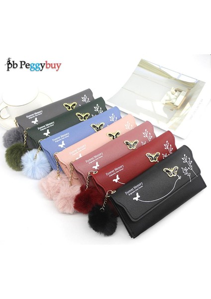 Kadın Moda Pu Deri Trendy Kese Flap Cüzdan Peluş Topu ile Bayan Kelebek Tasarım Fermuar Seyahat Cüzdan Kart Bozuk Para Cüzdanı (Yurt Dışından)