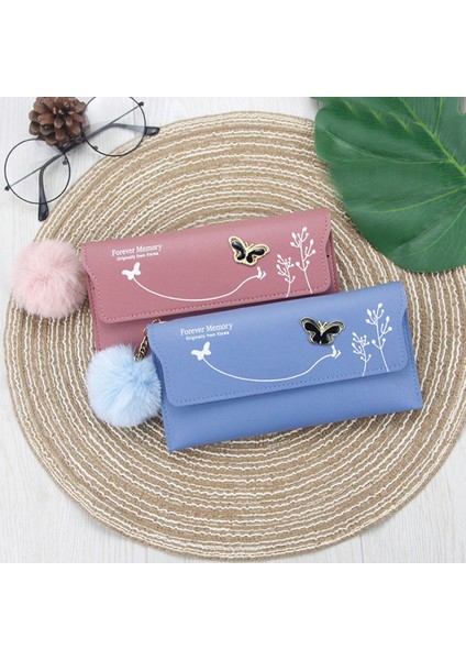 Kadın Moda Pu Deri Trendy Kese Flap Cüzdan Peluş Topu ile Bayan Kelebek Tasarım Fermuar Seyahat Cüzdan Kart Bozuk Para Cüzdanı (Yurt Dışından)