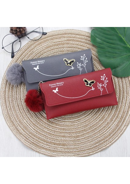 Kadın Moda Pu Deri Trendy Kese Flap Cüzdan Peluş Topu ile Bayan Kelebek Tasarım Fermuar Seyahat Cüzdan Kart Bozuk Para Cüzdanı (Yurt Dışından)