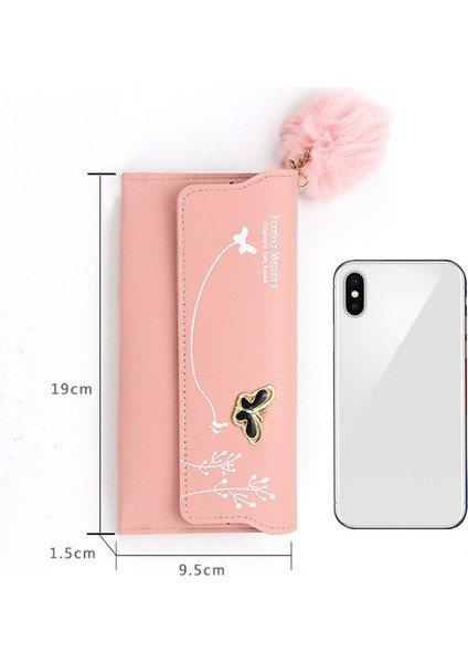 Kadın Moda Pu Deri Trendy Kese Flap Cüzdan Peluş Topu ile Bayan Kelebek Tasarım Fermuar Seyahat Cüzdan Kart Bozuk Para Cüzdanı (Yurt Dışından)
