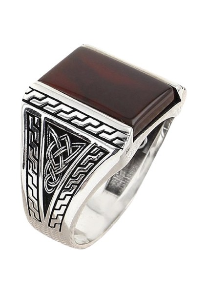 Erkek Yüzük Gümüş 925 Ayar Akik Taşlı Modern Desenli Duz Tasli