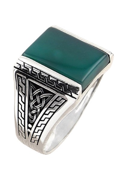 Erkek Yüzük Gümüş 925 Ayar Akik Taşlı Modern Desenli Duz Tasli