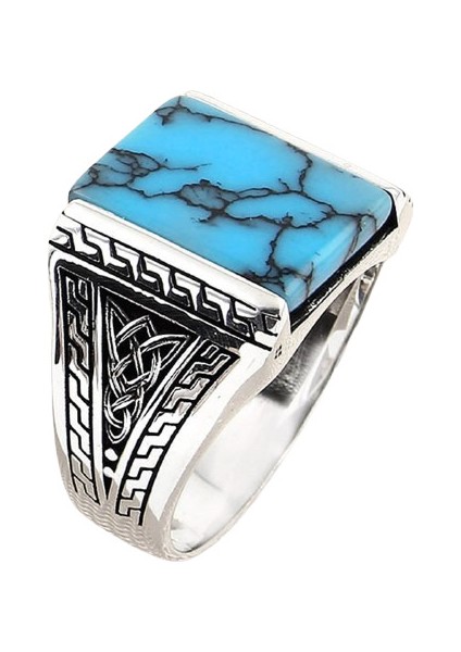 Erkek Yüzük Gümüş 925 Ayar Turkuaz Taşlı Modern Desenli Duz Tasli