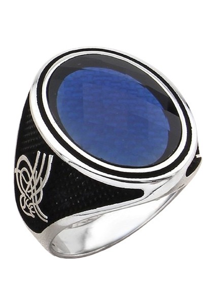 Erkek Yüzük Gümüş 925 Ayar Zirkon Taşlı Osmanlı Tuğra