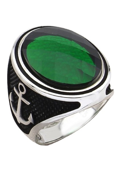 Erkek Yüzük Gümüş 925 Ayar Zirkon Taşlı Denizci Çapa Figürlü