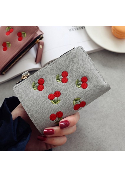 Moda Kadın Kızlar Küçük Cüzdan Küçük Pu Deri Kiraz Nakış Bozuk Para Cüzdanı Kart Sahipleri Bayan Kız Mini Para Çantası (Yurt Dışından)