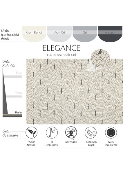 Elegance 06 Krem Antrasit Yün Halı Salon Halısı Koridor Halı Yolluk El Dokuma Halı Örgü El Halısı fiyatları