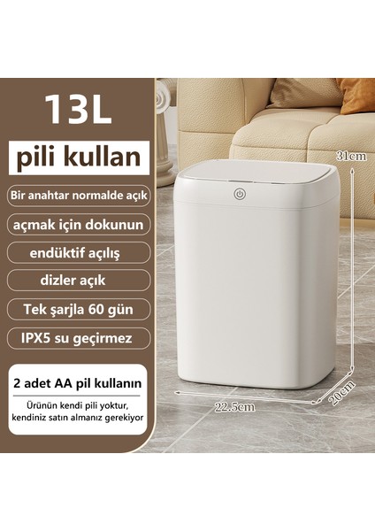 13 Lt Akıllı Sensörlü Çöp Kutusu Mutfak ve Banyo Su Geçirmez Akıllı Çöp Kovası - Beyaz (Yurt Dışından)