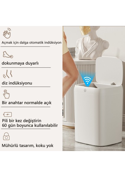 13 Lt Akıllı Sensörlü Çöp Kutusu Mutfak ve Banyo Su Geçirmez Akıllı Çöp Kovası - Beyaz (Yurt Dışından)