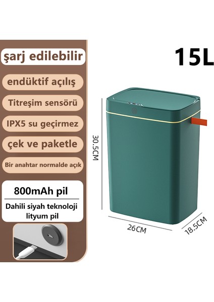 Mutfak ve Yatak Odası Için Tam Otomatik Sensörlü Çöp Kutusu - Yeşil 15L (Şarjlı Kullanım) (Yurt Dışından)