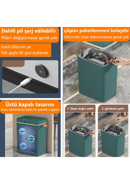 Mutfak ve Yatak Odası Için Tam Otomatik Sensörlü Çöp Kutusu - Yeşil 15L (Şarjlı Kullanım) (Yurt Dışından)