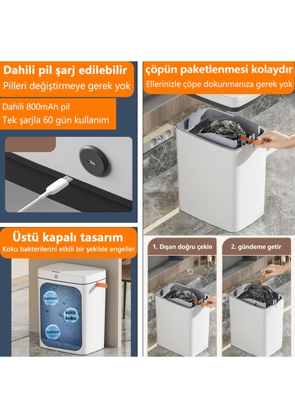 Mutfak ve Yatak Odası Için Tam Otomatik Sensörlü Akıllı Çöp Kovası - Beyaz 18L (Şarjlı Kullanım) (Yurt Dışından)