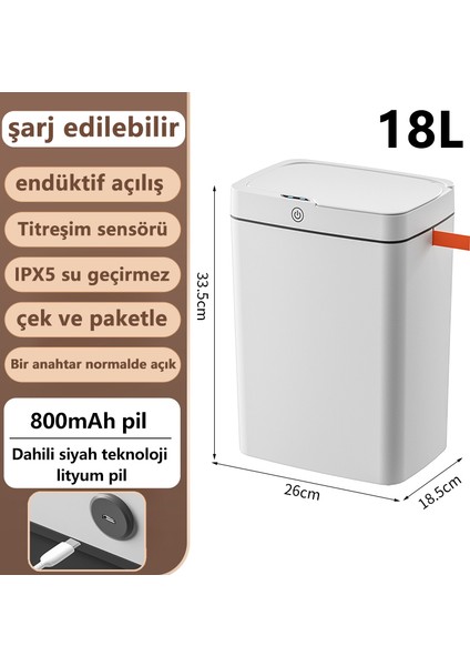 Mutfak ve Yatak Odası Için Tam Otomatik Sensörlü Akıllı Çöp Kovası - Beyaz 18L (Şarjlı Kullanım) (Yurt Dışından)