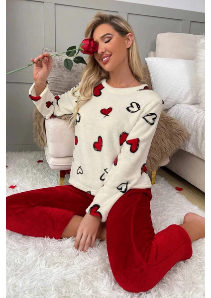 Merry See Kalp Baskılı Peluş Polar Alt Üst Uzun Kollu Pijama Takımı