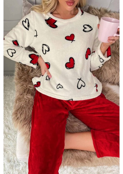 Merry See Kalp Baskılı Peluş Polar Alt Üst Uzun Kollu Pijama Takımı