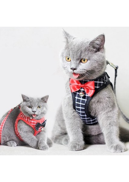 Siyah Ekose Tarzı L Beden Moda Çapa Kedi Koşum ve Tasma Seti Ayarlanabilir Göğüs Kemeri Yelek Çan Kurdele Yay ile Yavru Yavru Köpekler Için Yürüyüş Kurşun (Yurt Dışından) modelleri