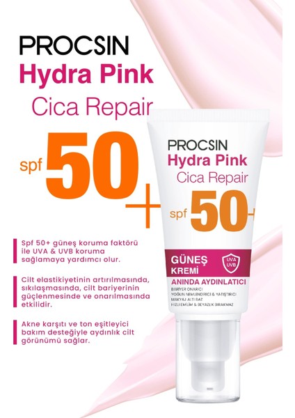 Procsın Hydra Pink (PEMBE) Spf50 Bariyer Güçlendirici Cam Cilt Güneş Kremi Pa++++