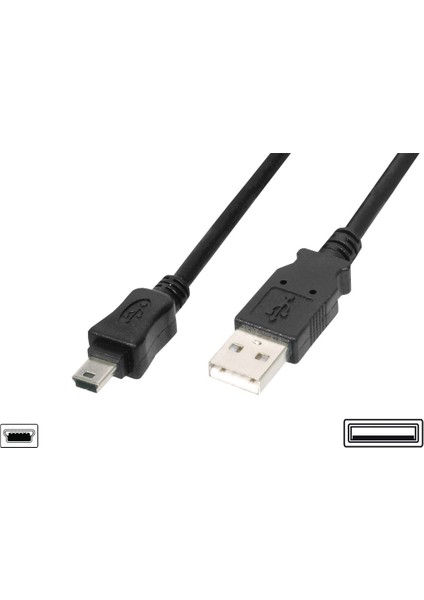 USB 2.0 Bağlantı Kablosu, USB A Erkek - USB mini B (5 pin) Erkek, 1.80 metre, AWG 28, USB 2.0 uyumlu, UL, siyah renk