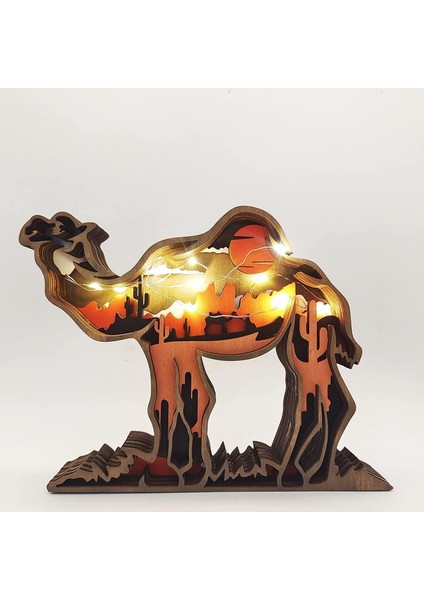 3D Hayvan Dekoru Süs LED Gece Lambası - Ahşap Çok Katmanlı Oyma Hayvan Görünümü Yatak Odası Masası Için Dekoratif Gece Lambası Elk Versiyonu (Boyut : Camel) (Yurt Dışından)