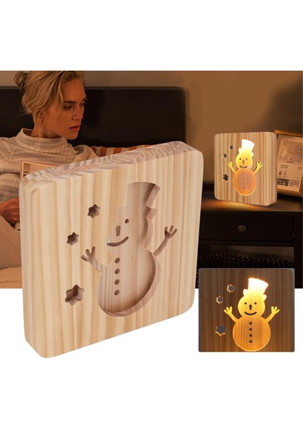 LED Gece Lambası, 3D Kardan Adam Içi Boş Tasarım Içi Boş Oyma Stili, Yumuşak Sıcak Beyaz Işık Ahşap Gece Lambası, Ofis Yatak Odası Oturma Odası Barı Için Mobil USB Güç Arayüzü (Yurt Dışından)