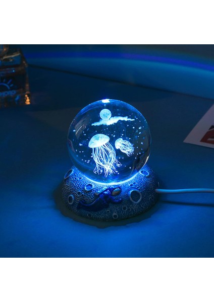 3D Okyanus Serisi Kristal Top Gece Lambası Çocuklar Için Reçine Taban, Renkli LED Işık Tabanı Gençler Için Doğum Günü Hediyesi Erkek ve Kız (Denizanası) (Yurt Dışından)