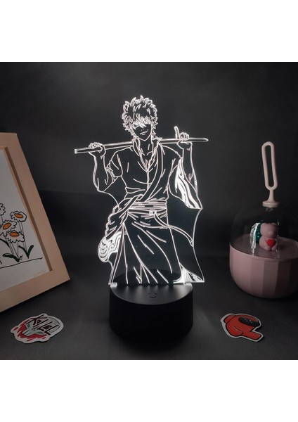Gintama Anime 3D Erkek Için Gece Lambası 16 Renk Kız Odası Dekoru Illusion LED Lamba USB Manga Gintoki Sakata Şekil Uygun Çocuk Hayranları Yılbaşı Hediyeleri (Siyah Lamba) (Yurt Dışından)