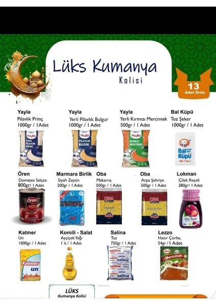 Ramazan Süper Kumanya Yardım Gıda Erzak Paketi Kolisi 13 Çeşit Ürün