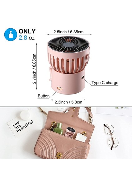 Taşınabilir Mini Fan, Kişisel Fan USB Şarj Edilebilir Pil Pembe (Yurt Dışından)