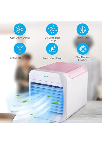 Mini Hava Soğutucu Fan Sessiz USB Kişisel, 7 Renkli LED Işık - Pembe (Yurt Dışından)