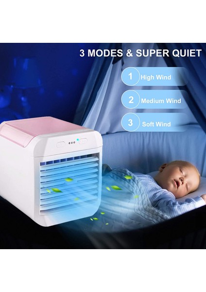 Mini Hava Soğutucu Fan Sessiz USB Kişisel, 7 Renkli LED Işık - Pembe (Yurt Dışından)