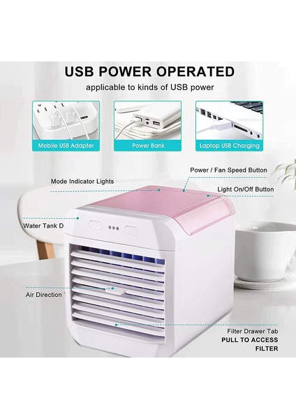 Mini Hava Soğutucu Fan Sessiz USB Kişisel, 7 Renkli LED Işık - Pembe (Yurt Dışından)