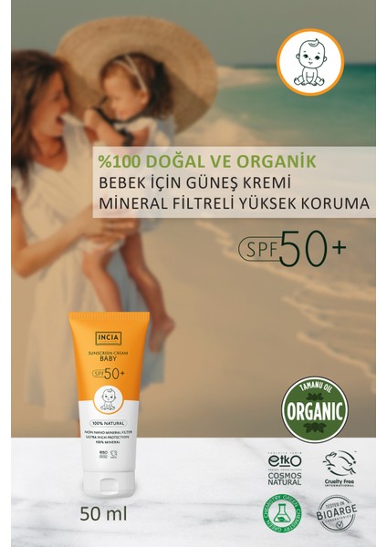 %100 Doğal Bebek Güneş Kremi Leke Karşıtı Mineral Filtreli Yüksek Koruma SPF50 UVA UVB 50 ml