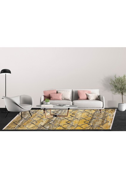 Modern Sarı Geomerik Dijital Baskı Hipoalerjenik Kaymaz Taban Halı Yolluk HA145