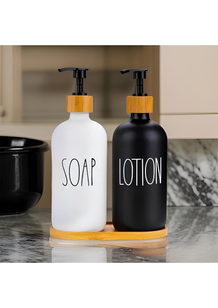 2’li Siyah-Beyaz Bambu Standlı Soap&lotion Sıvı Sabunluk Seti