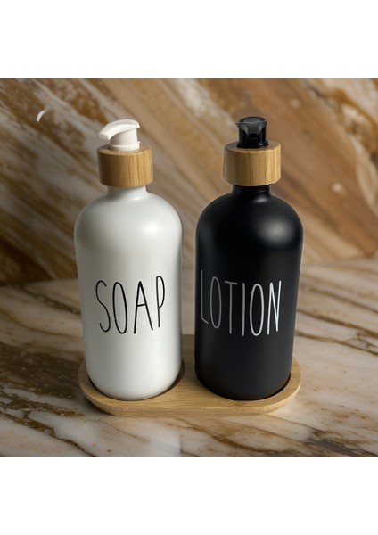 2’li Siyah-Beyaz Bambu Standlı Soap&lotion Sıvı Sabunluk Seti