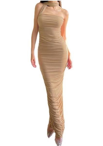 Nnak Boyundan Bağlamalı File Büzgülü Slim Fit Tüp Üst Elbise (Yurt Dışından)