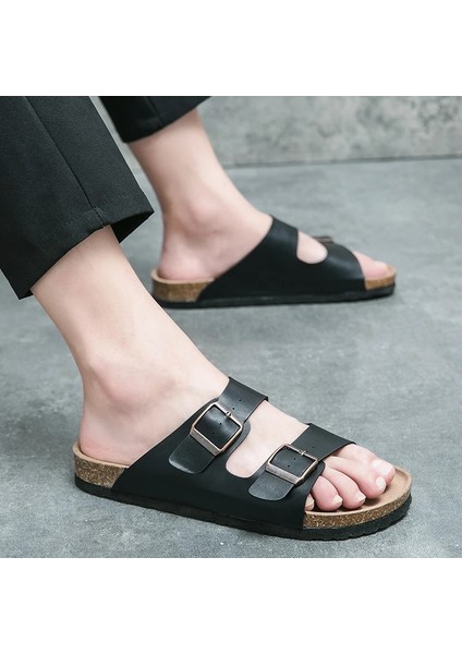 Unisex Siyah Çift Tokalı Mantar Taban Terlik