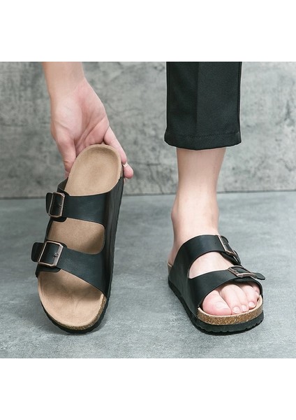Unisex Siyah Çift Tokalı Mantar Taban Terlik