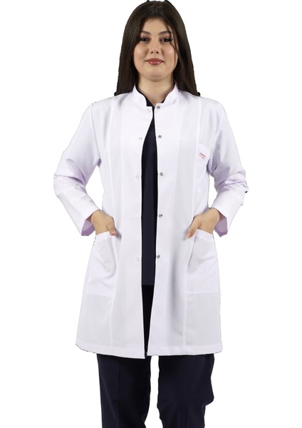 Hakim Yaka Orta Boy Beyaz Kadın Doktor Öğretmen Hemşire Laboratuvar Önlüğü