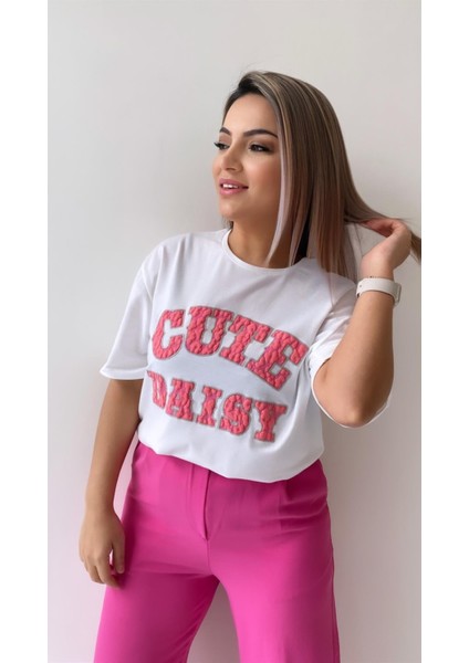 Kabartmalı Cute Daisy Tshirt Ekru Pembe